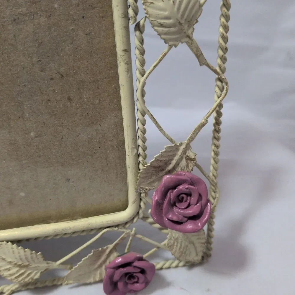 Vintage Shabby Chic Cream Metal Wire Picture Frame Pink Roses Leaf Lattice 5x7